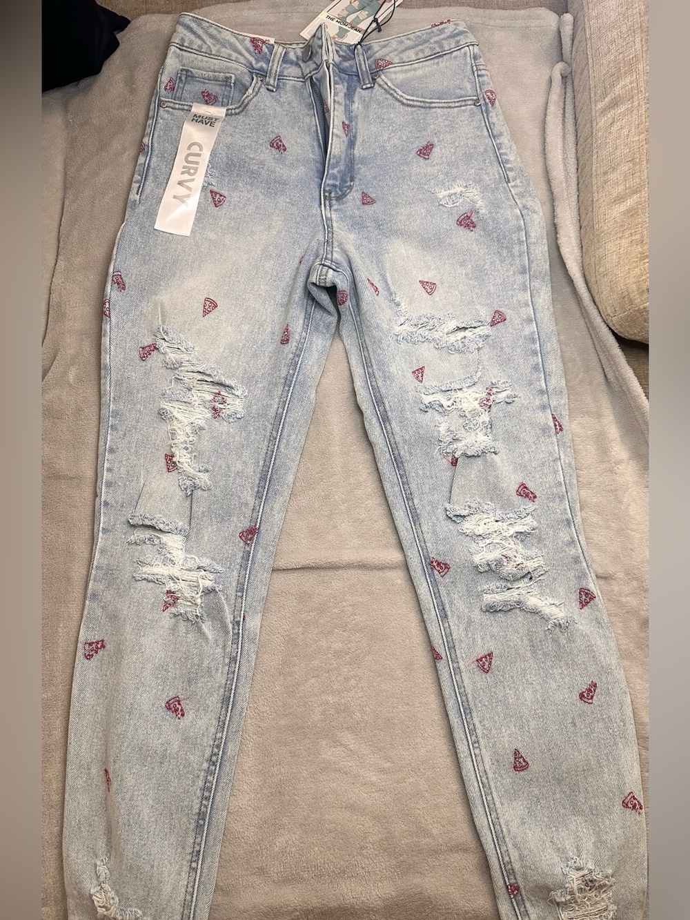 Light Wash Distressed Denim Jeans with Pink Pizza Embroidery